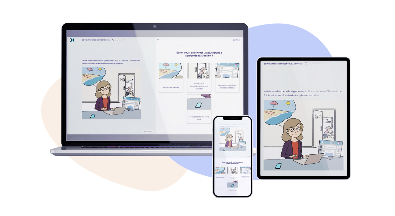 Formation en ligne SoftSkills - Exercice de formation télétravail. Une femme travaille de chez elle en gardant son fils. Plusieurs sources peuvent la distraire.