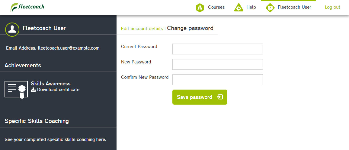 Fleetcoach user profile change password form