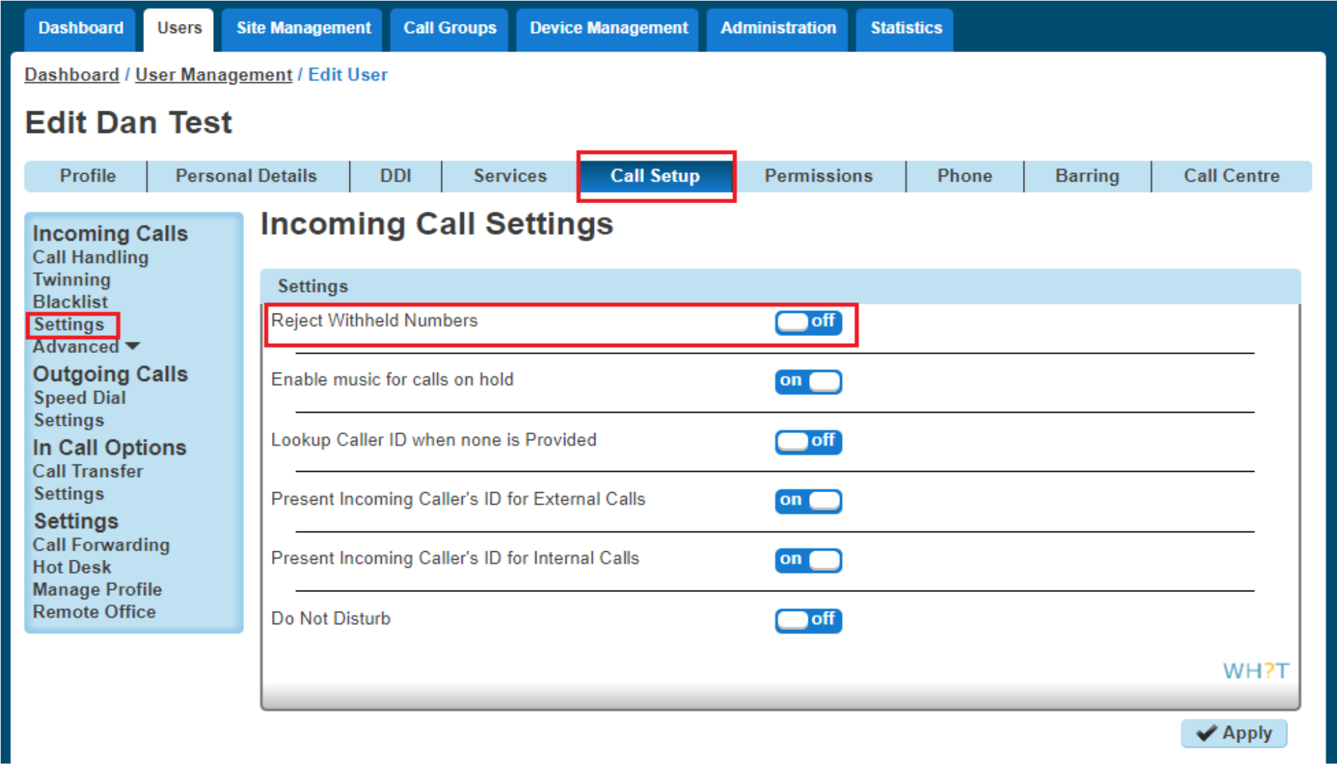 Call Setup Settings