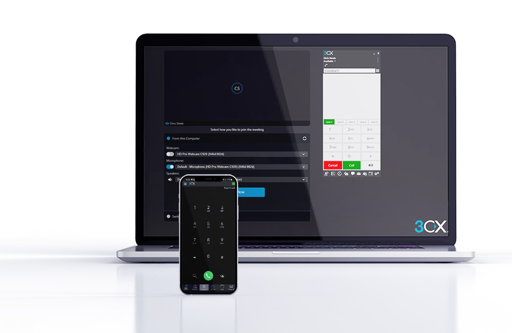 Screenshots of 3CX apps on laptop and mobile