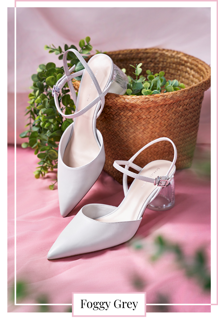 SCULPTURAL HEEL ANKLE STRAP PUMPS IN LIGHT GREY