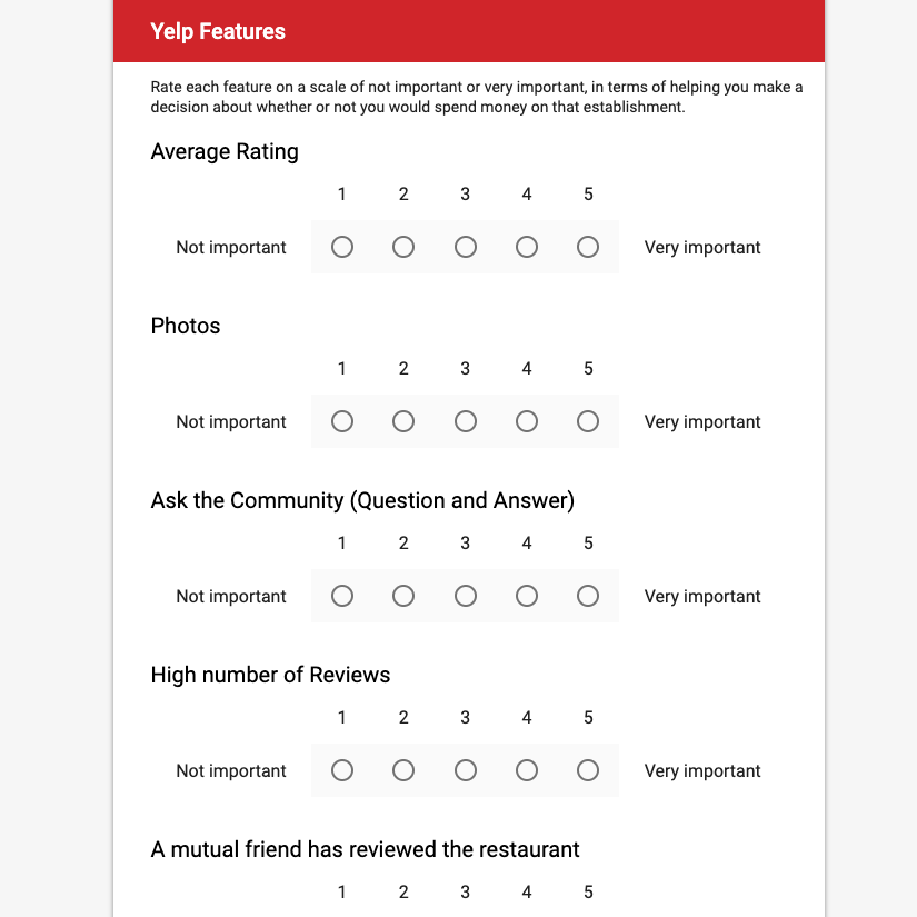 Screenshot of preliminary survey