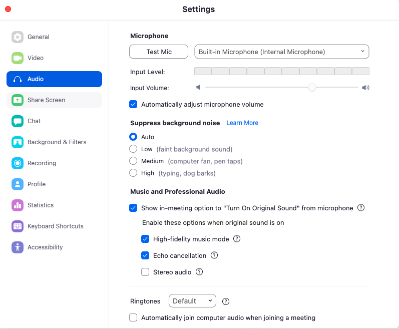 zoom audio settings menu