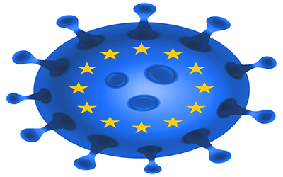 Drapeau européen sur un virus covid pour symboliser le finjancement européen contre le covid