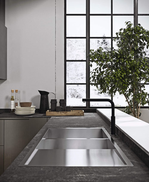 Lavello cucina stile industriale filotop in acciaio con 2 vasche e sgocciolatoio su top in Dekton Laos Industrial