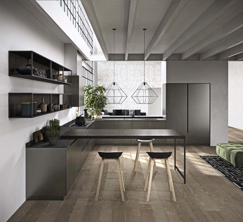 Cucina moderna stile industriale con bancone colazione attaccato con sgabelli e gamba in metallo nero