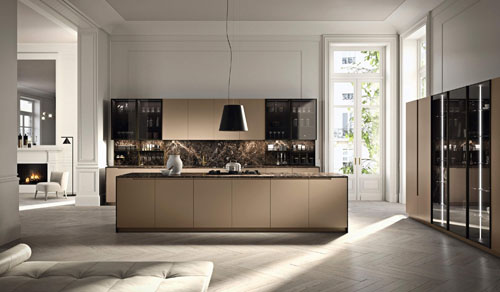 cucina minimal in stile lusso con top, schienale e fianchi dell'isola in Emperador Marrone spazzolato