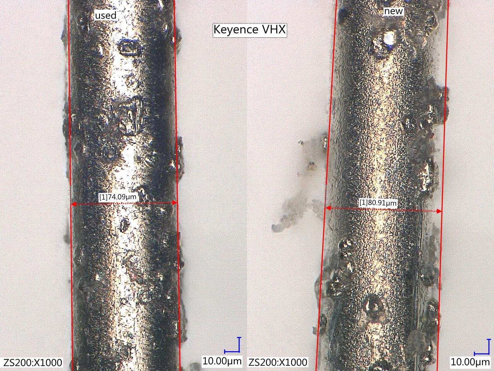 In pictures we show microscopic images (Keyence, VHX-6000) of new and used DW samples and data of in-line RV inspection