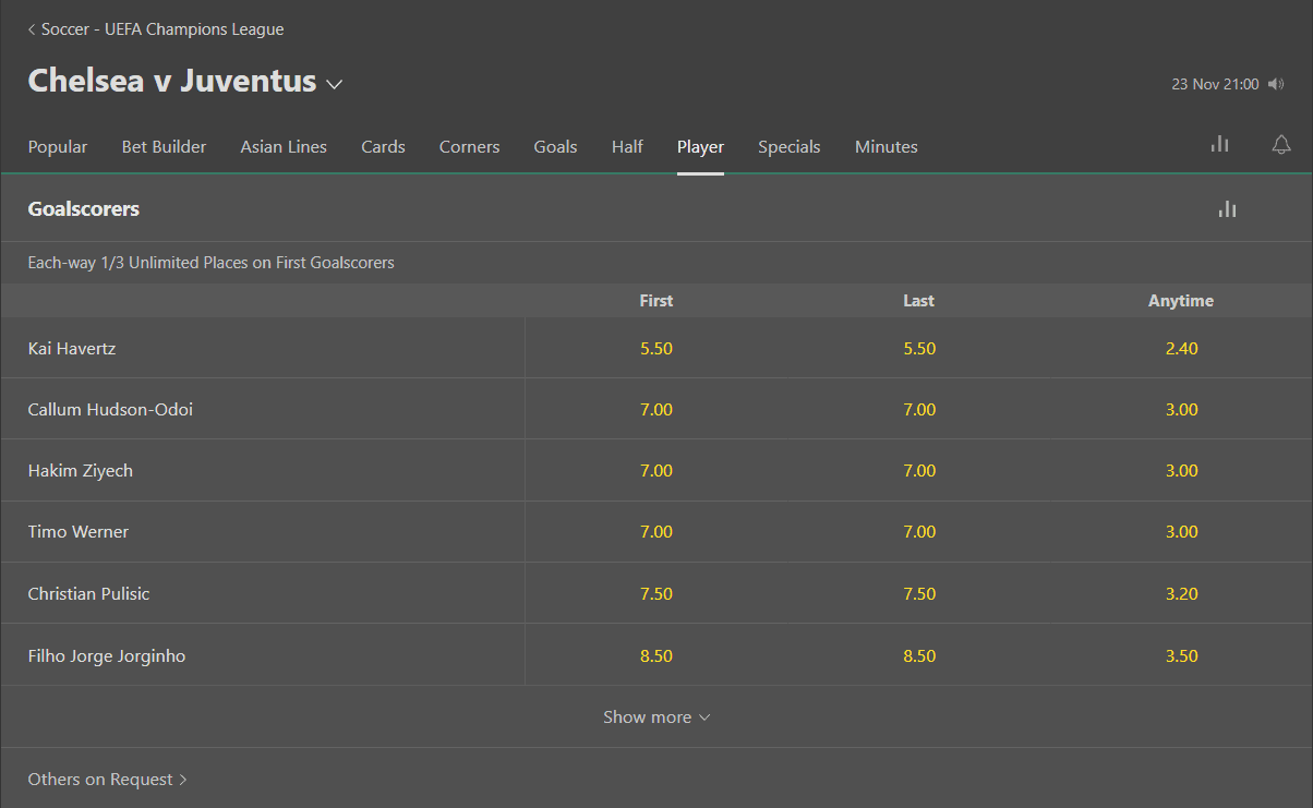 football props odds example