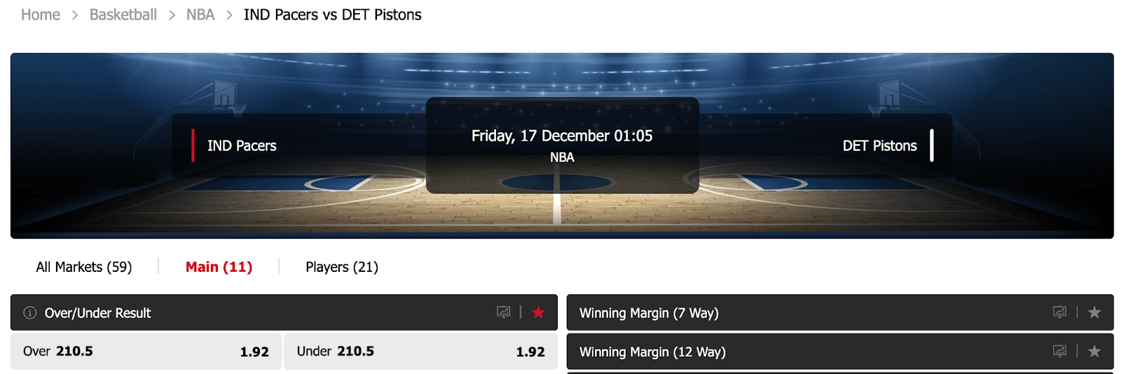 basketball over under odds example