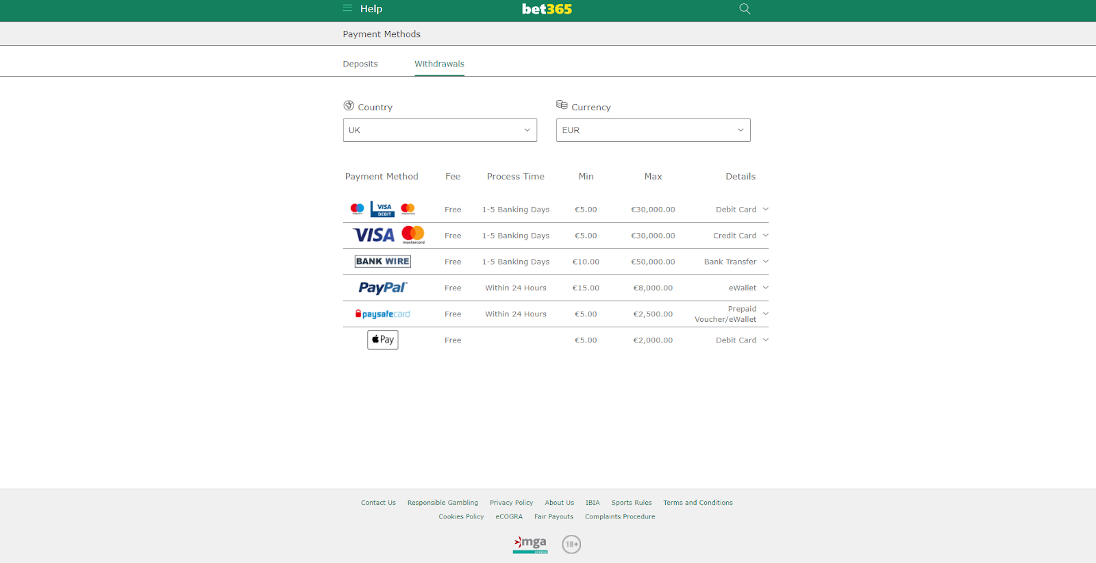 bet365 withdrawal options