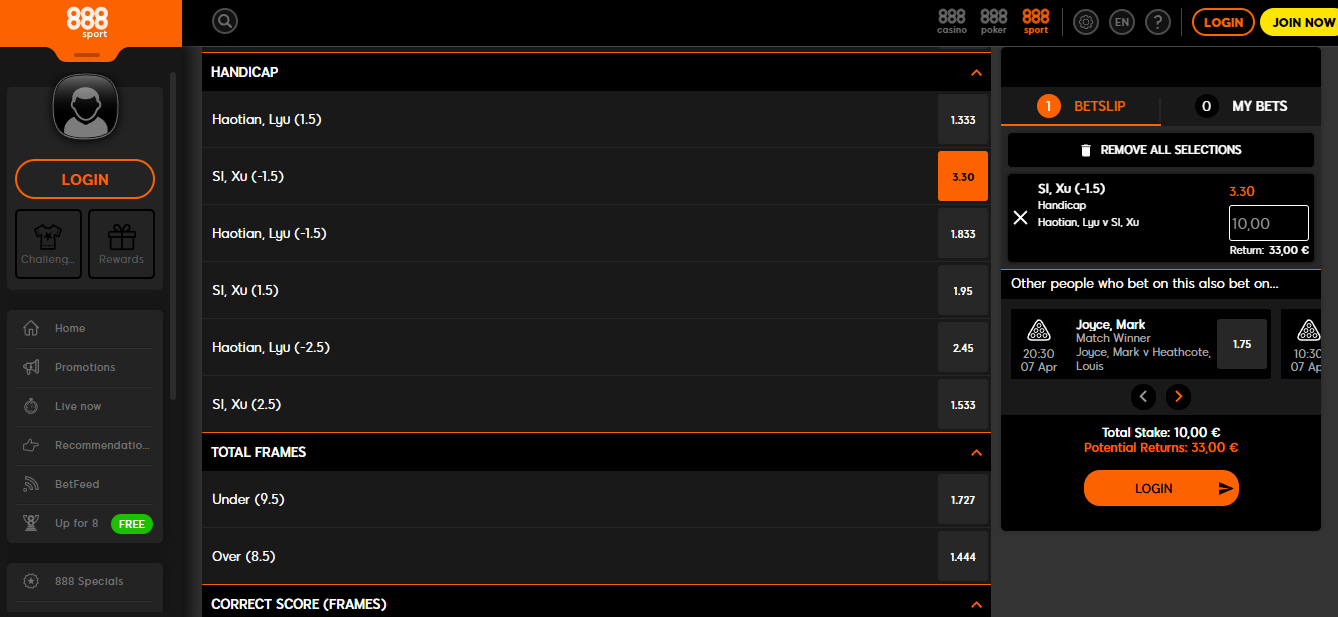 snooker handicap bet example