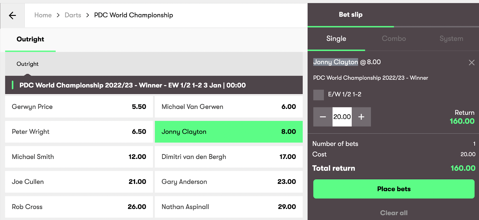 darts outright betting example