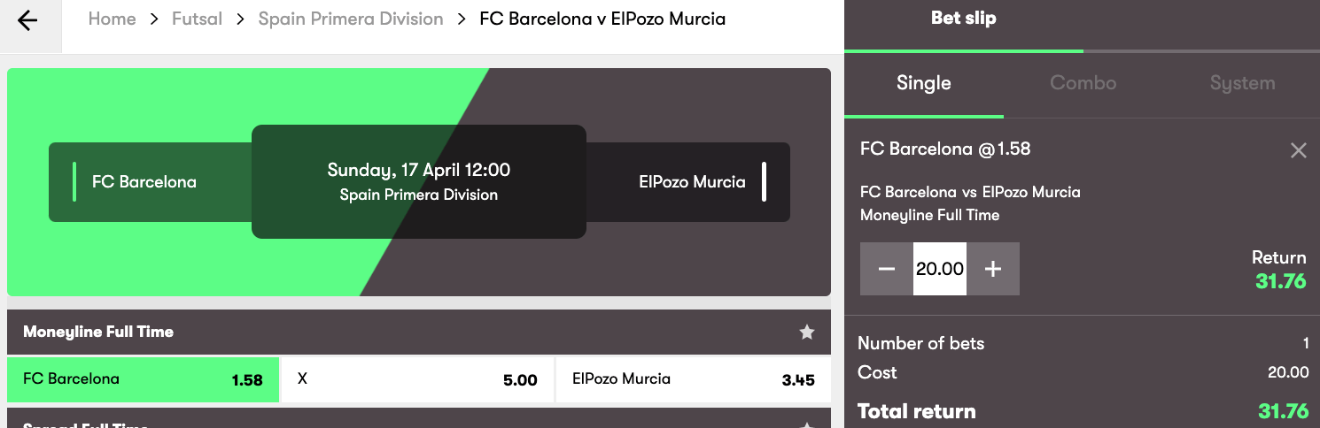 futsal moneyline bet example