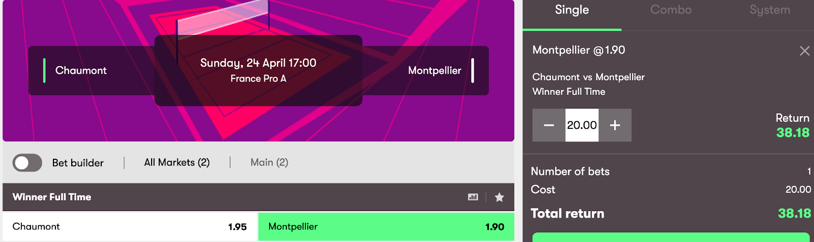 volleyball moneyline bet example