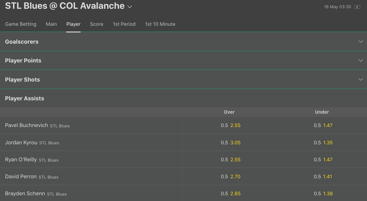 bet365 hockey prop betting example