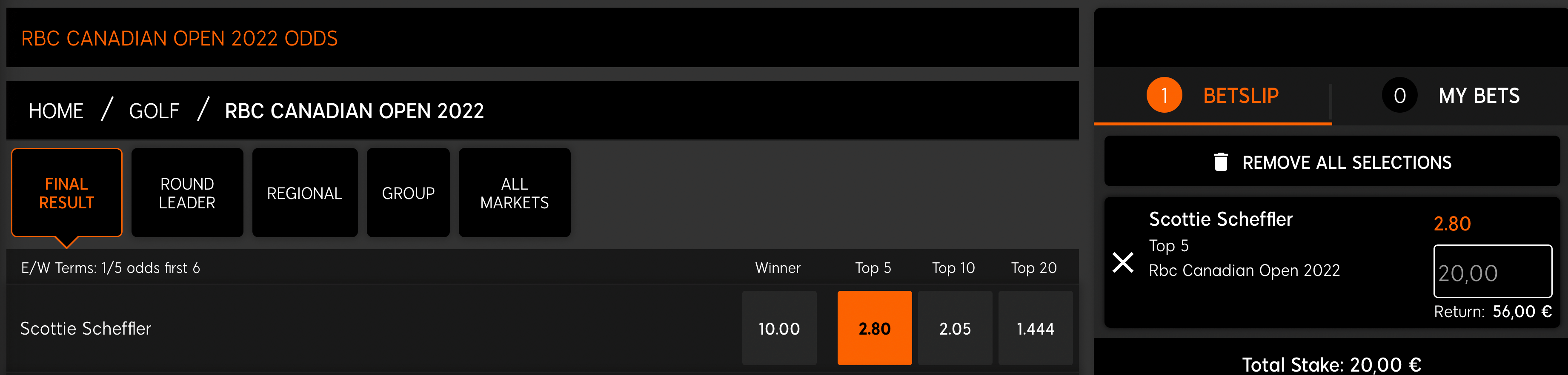 888sport each way golf bettting example
