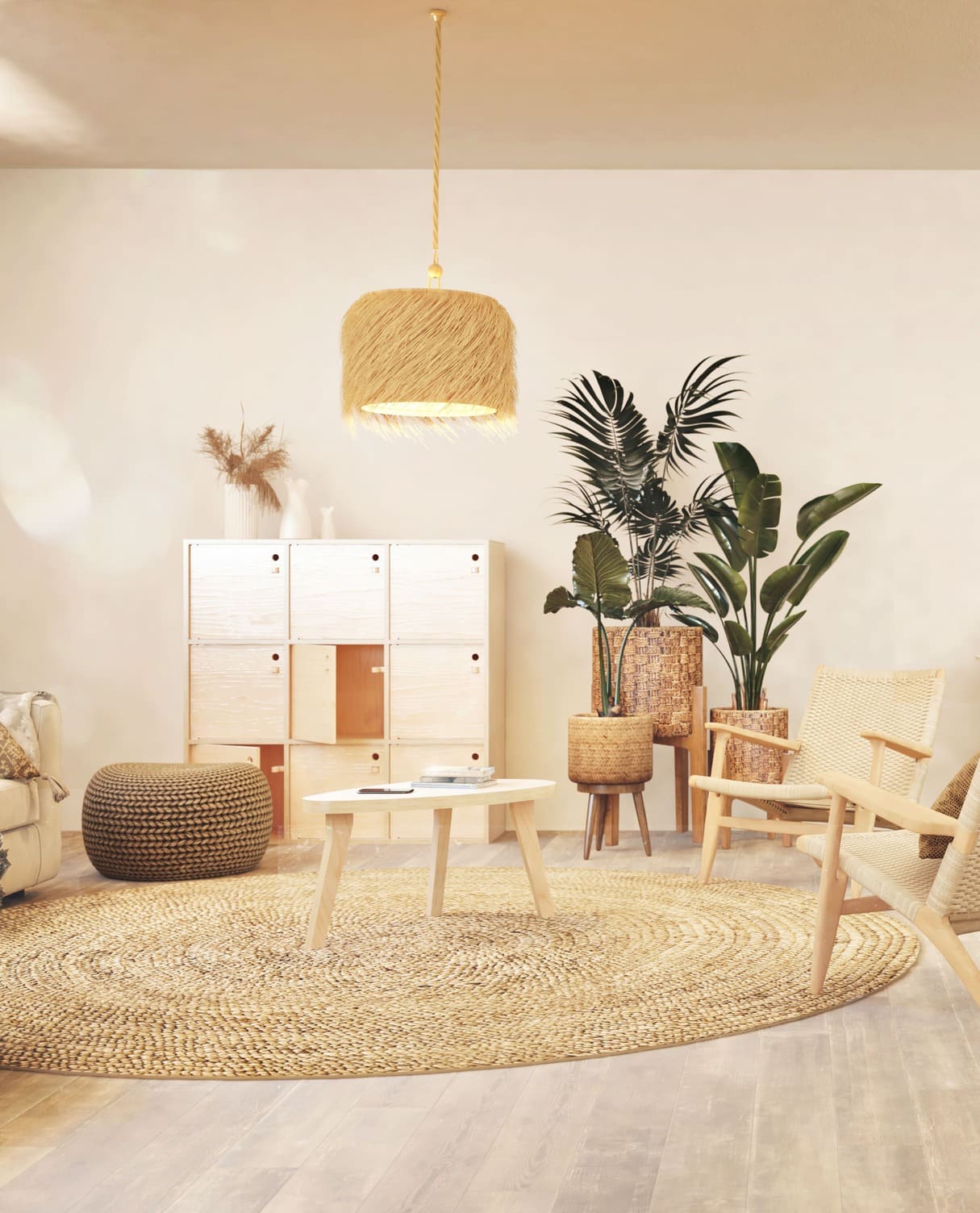 Espace informel de style bohème avec des plantes vertes, de la décoration en rotin, une table basse et des sièges, des tabourets et des poufs poufs