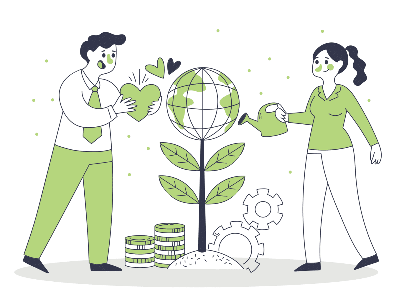 Un dessin en noir et vert représente une femme et un homme arrosant une plante représentant la terre et la protection de l'environnement.