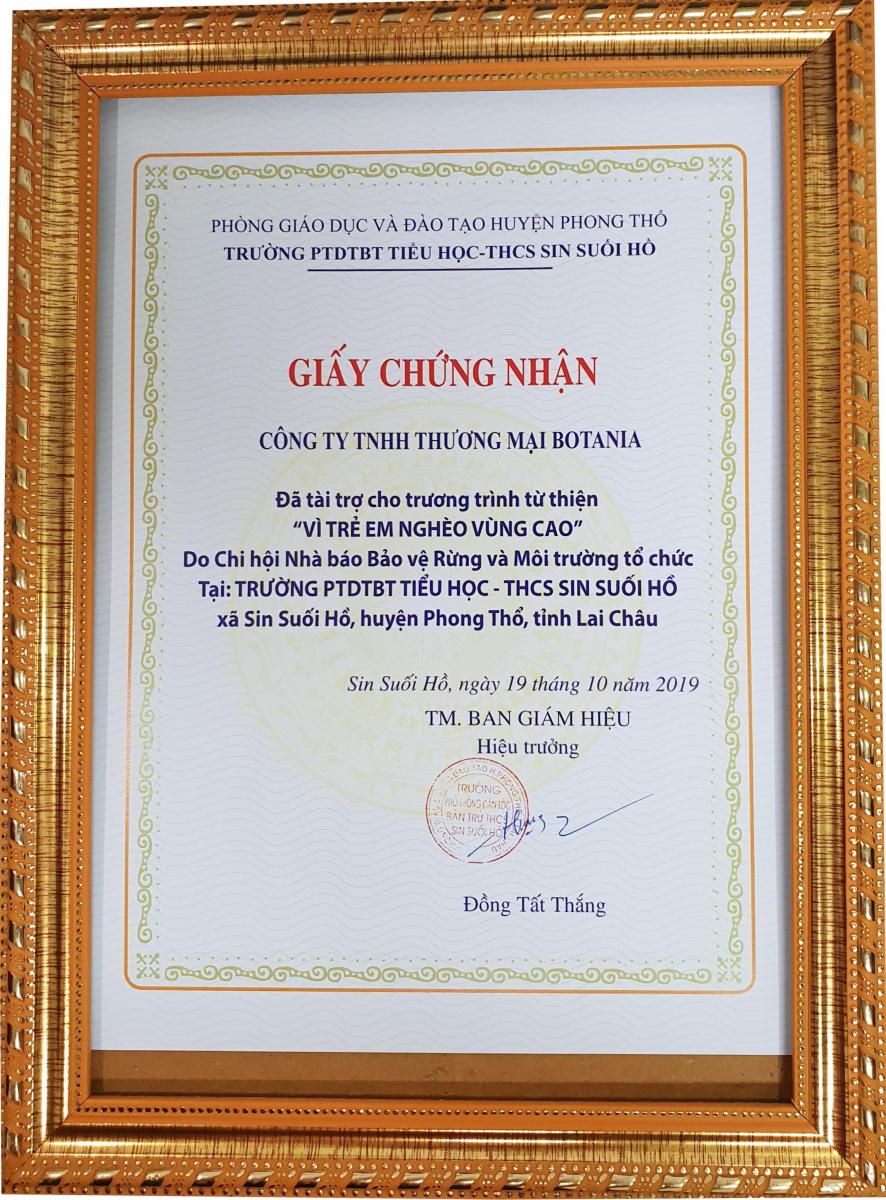 Giấy chứng nhận nhà tài trợ chương trình của công ty Botania