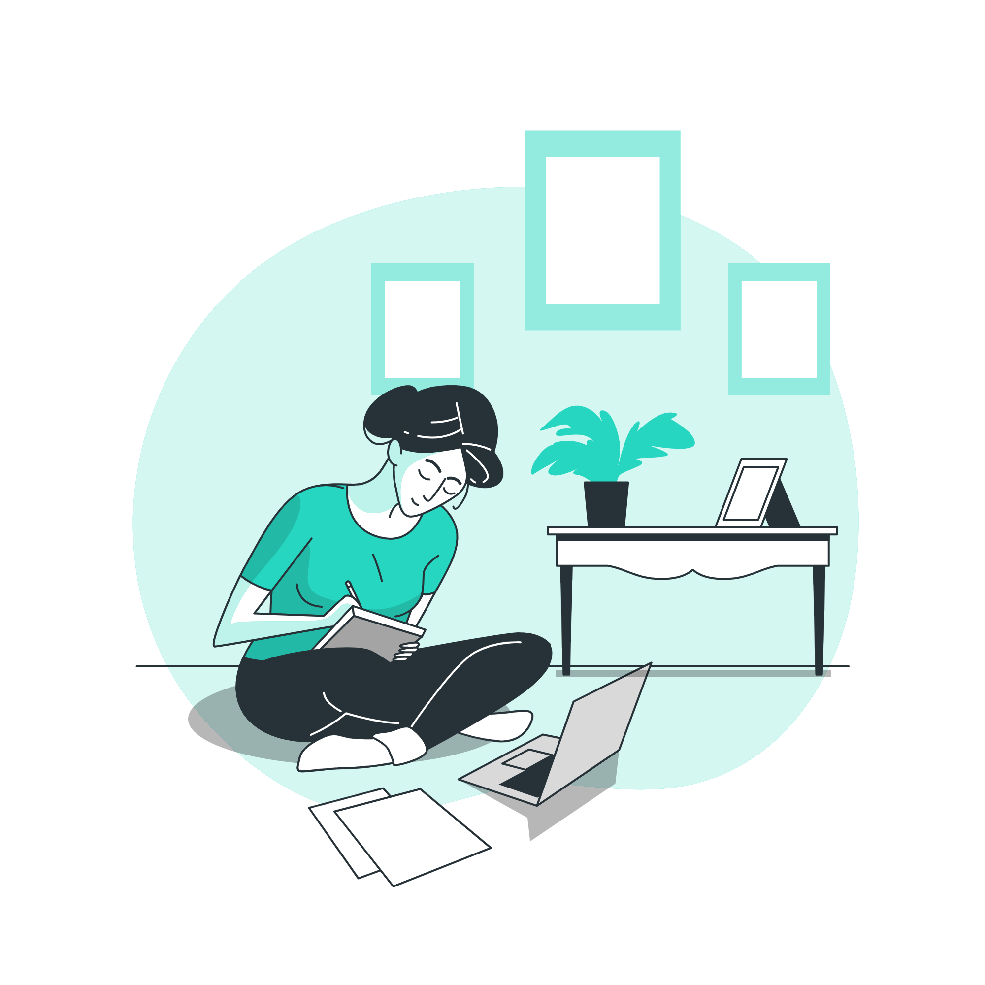 figure taking study notes at home