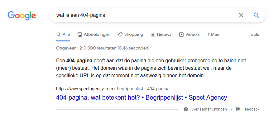 Voorbeeld van een featured snippet