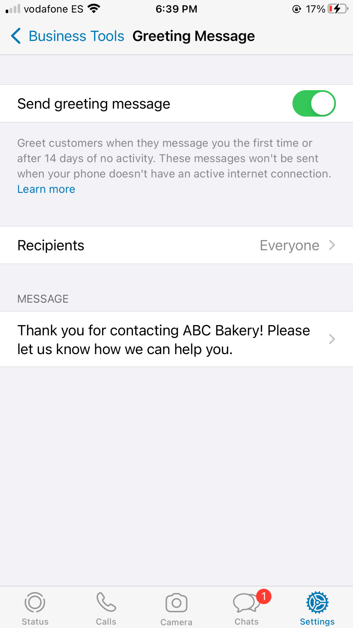 whatsapp business account greeting message