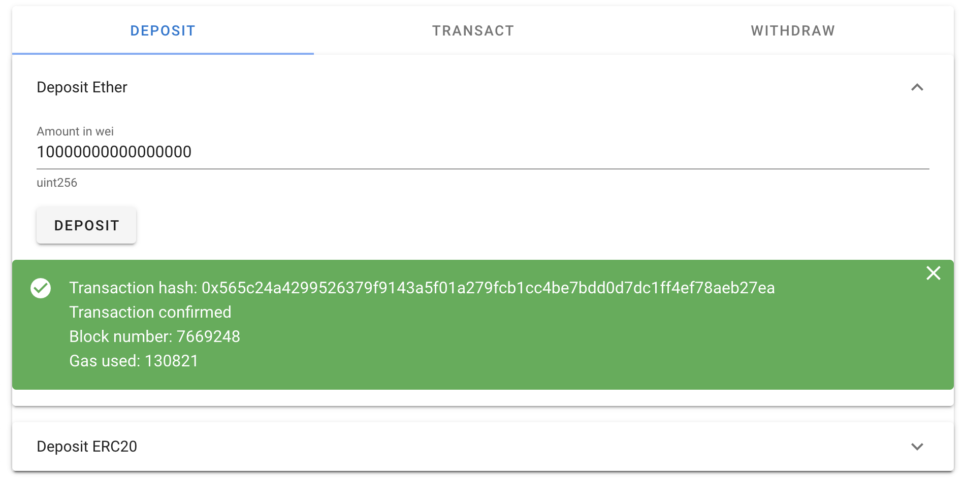 Ether deposit transaction has been confirmed