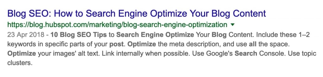 How your search is presented by google serp with the meta description highlighting the keywords in bold
