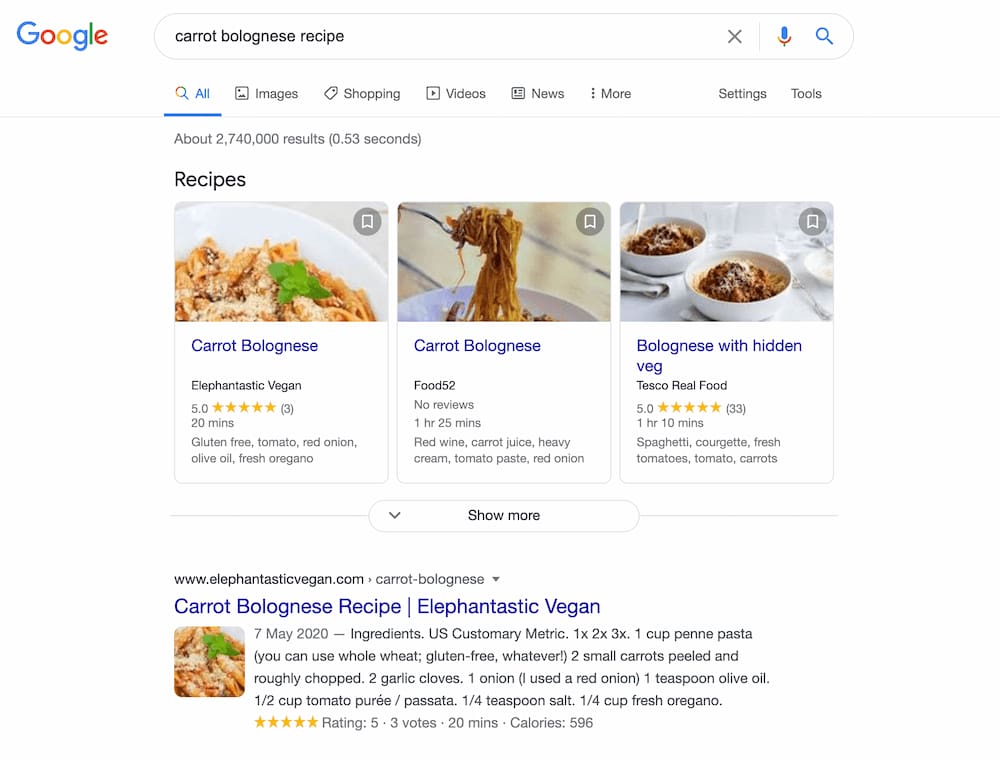 Screenshot of the Google SERP after searching "Carrot bolognese recipe"