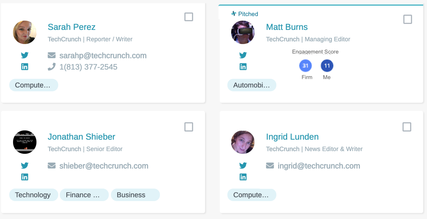 Media database search results in a PRM indicate which contacts have been previously pitched.
