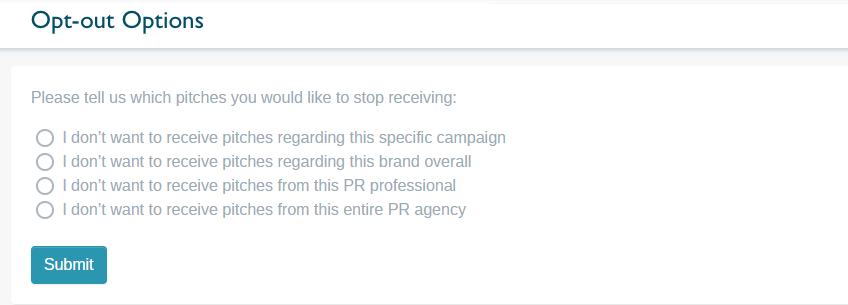After clicking on "Opt-out" at the bottom of an email pitch, a journalist can select what pitches he wants to stop receiving.