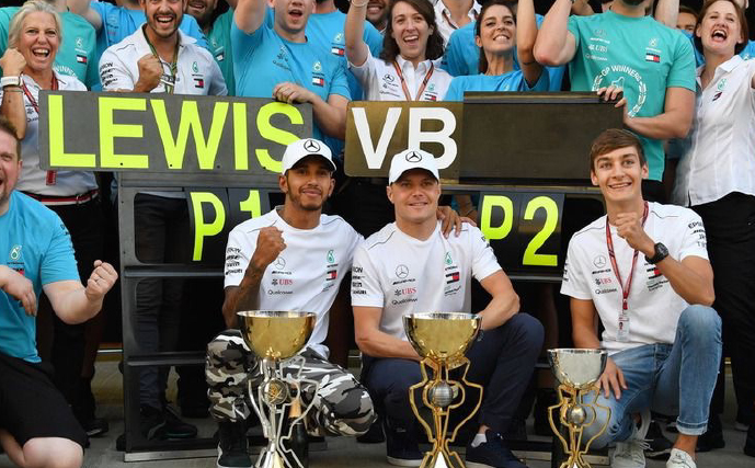 Lewis Hamilton, Valtteri Bottas, and George Russell