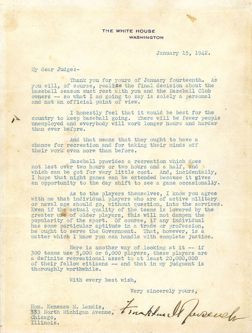 Support of Baseball Letter by President Roosevelt