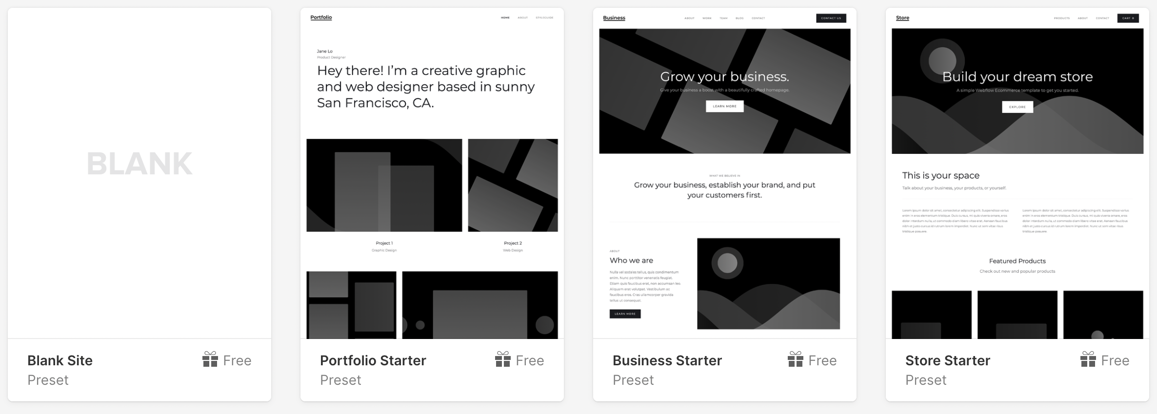 Four default Webflow templates to chose