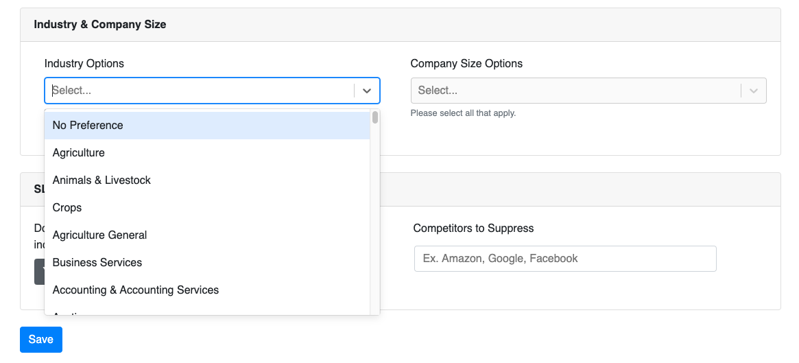 Create your target audience based on industry