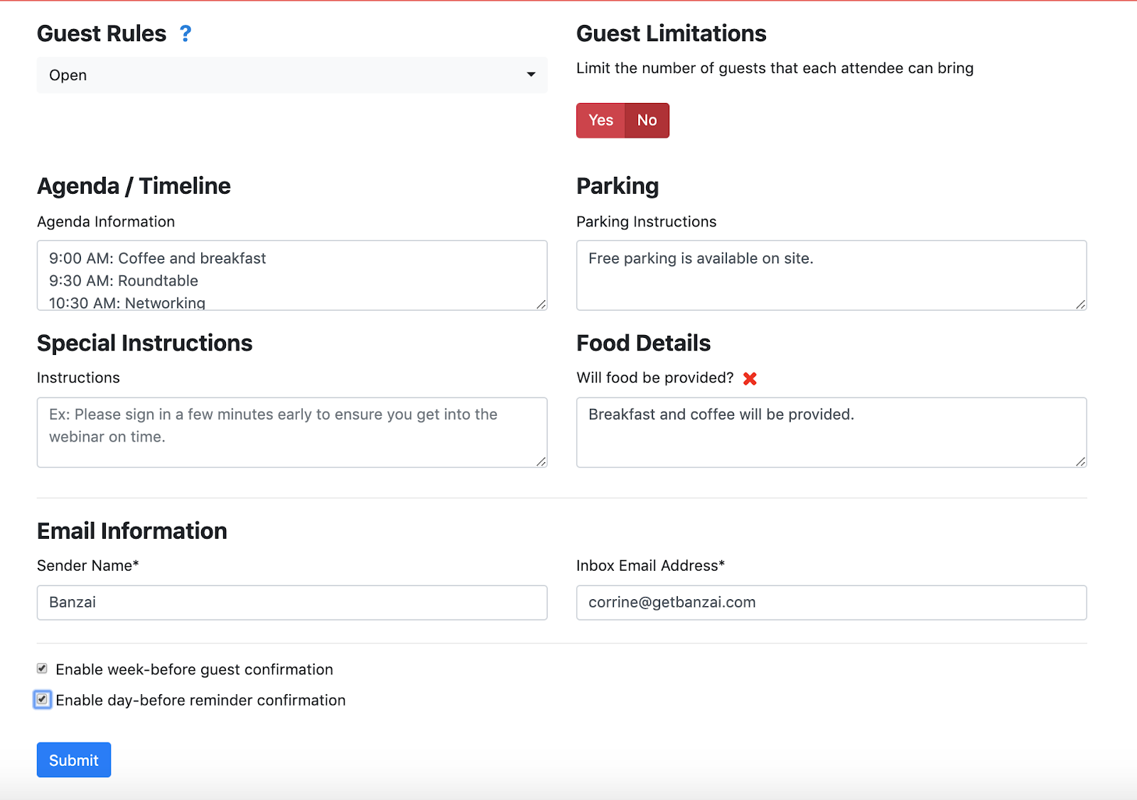 Confirmation and Reminder selection