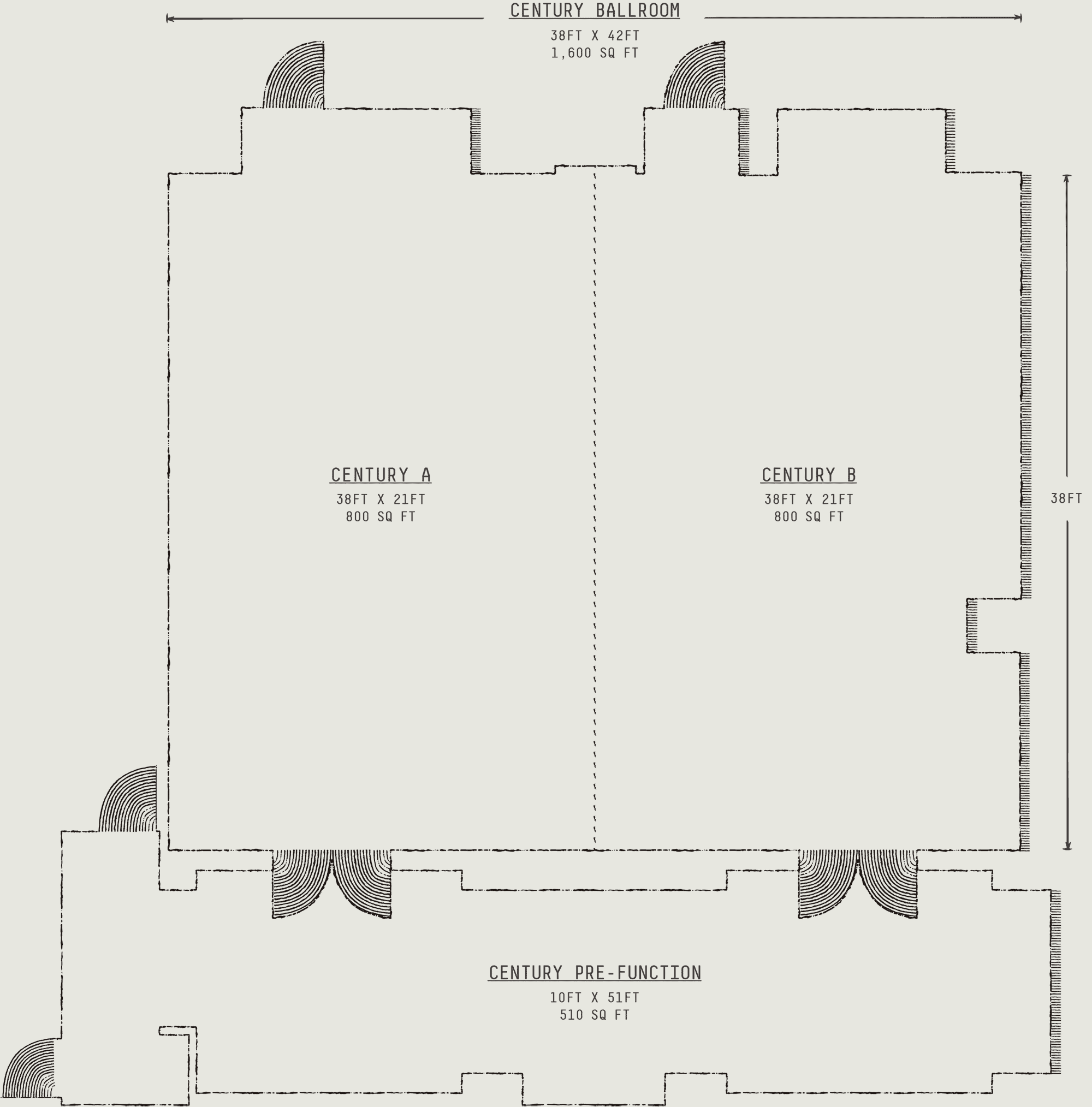Century Ballroom floor plan, event venue in Huntsville, 106 Jefferson hotel
