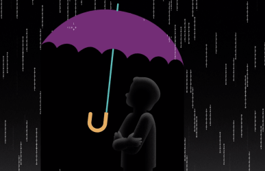 Dark rainy illustration of a kid underneath a purple umbrella.