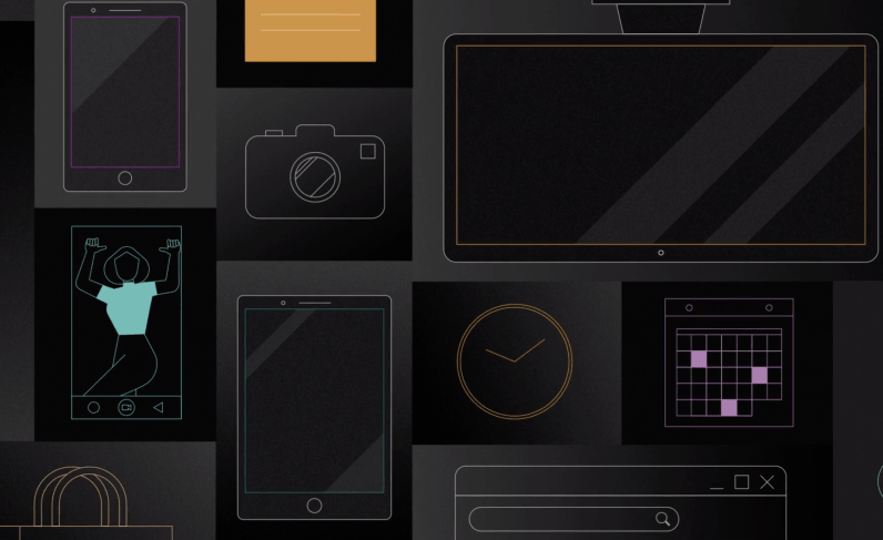 Illustration of an aerial of different devices like phones, cameras, laptops laid out.