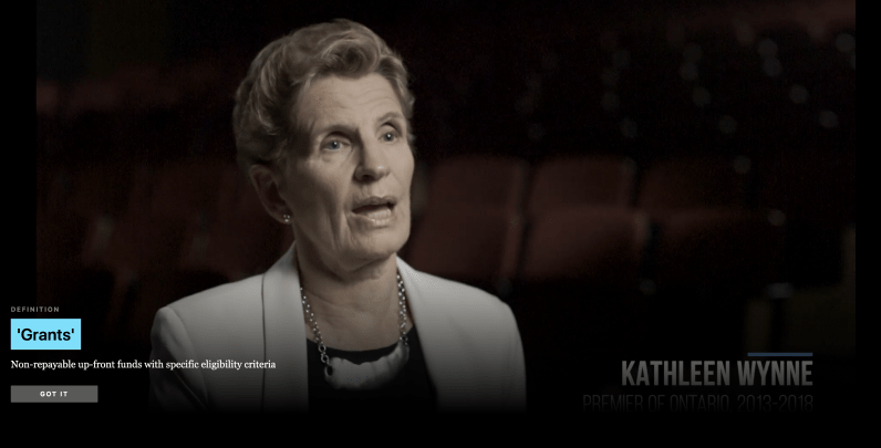 Screenshot from a video of Kathleen Wynne talking.