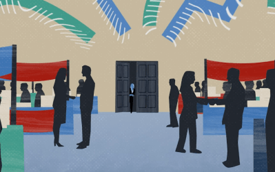Illustration of a lot of people in a room talking to each other.