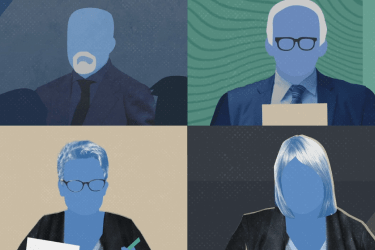 Illustration of four different people, each in their own corner in the photo looking straight ahead.