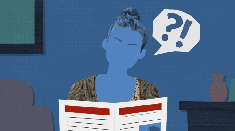 Illustration of a woman reading the newspaper surprised.