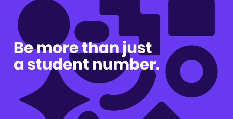 Promotional graphics for Mighty that say "be more than just a student number." on top of a purple background with various shapes.