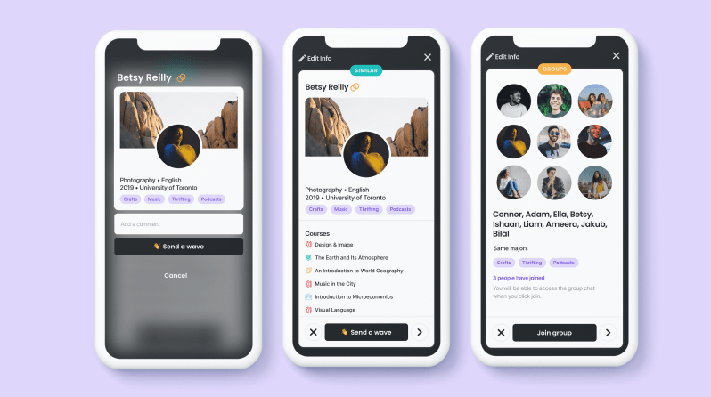 Screenshots from the app showing another user's profile and a study group.