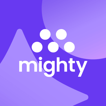 Mighty logo on top of a bright purple background.