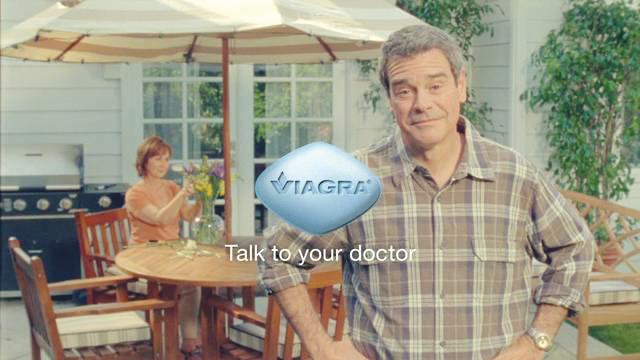 Man standing in backyard with Viagra logo overlay