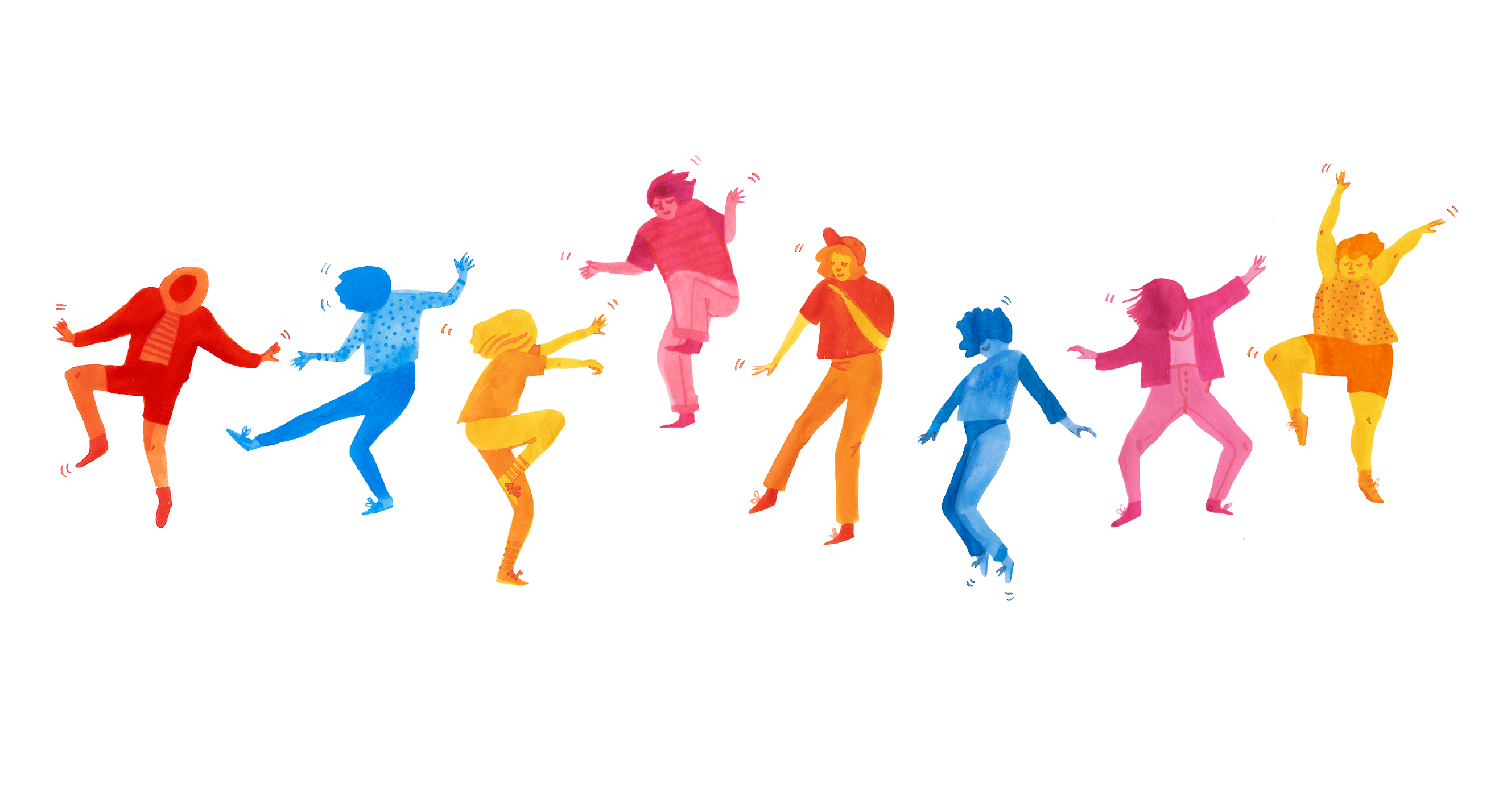 Illustration of colourful characters dancing