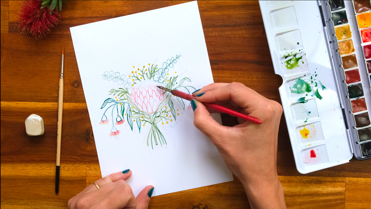Process shot of a protea watercolour illustration